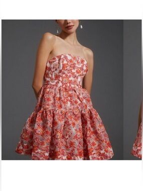 Anthropologie Strapless Floral Mini Dress in Coral and White